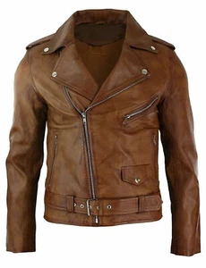 Chaqueta de cuero real para hombre ajustada con cremallera cruzada marrón tostado Brando para motocicleta - Imagen 1 de 2