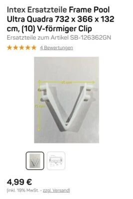 Intex Frame Pool Ultra Ersatzteil V-förmiger Clip 732 x 366 x 132 - Bild 1 von 3