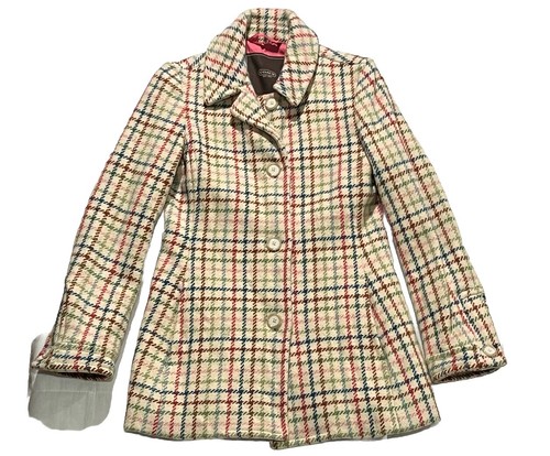 Coach Cappotto Donna Tg S Beige Misto Lana Giacca Bottoni Tela Tattersall "C"