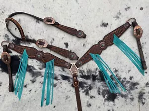 Cabezal y cuello de pecho con flecos de cuero con conchos juego de tachuelas de caballo MOUSM - Imagen 1 de 8
