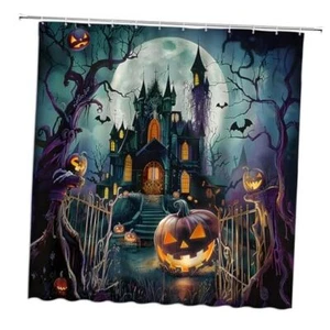 Halloween Shower Curtain Castle Ghost Pumpkin Bat Spooky Moon Night 70"Wx70"H - Picture 1 of 8