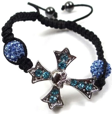 Shambhala Bracelet Cross Skull with Aqua Rhinestone Sapphire Pave Beads  - Image 1 of 3