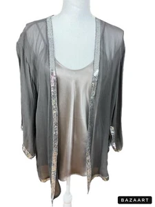 🔥🔥Sterling Styles Sheer Gray Cardigan With Sequins Trim And Cami See Descrip - Picture 1 of 5