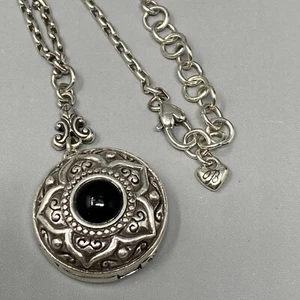 Brighton Locket Necklace Silver Plated Black Cabochon Round Sunflower Chain 20" - Picture 1 of 13