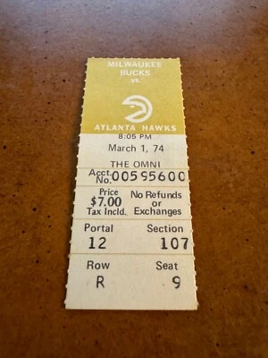 1974 Atlanta Hawks Milwaukee Bucks Basketball Ticket Maravich Jabbar Last Game - Image 1 of 2
