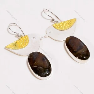 Oval Moss Agate Stone Sterling Silver Sister Dangle Drop Engagement New Earrings - Picture 1 of 5