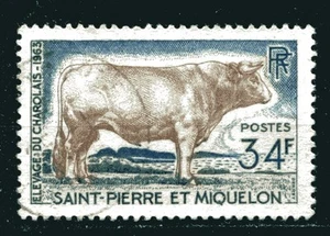 ST PIERRE & MIQUELON 1964, DOMESTIC ANIMAL, CHAROLAIS BULL, Scott 373 V.F.USED - Picture 1 of 1