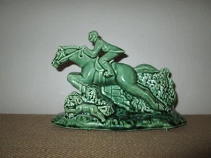 Vintage grün Keramik Keramik Springpferd + Jockey Reiter Übertopf - Bild 1 von 6
