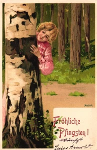 Pentecost, woman hiding behind a birch tree, signed Mailick, 1909 - Picture 1 of 2