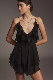 ANTHROPOLOGIE NWT $168 Maeve Scoop Neck Frilly Ruffled Lace Romper Size XS