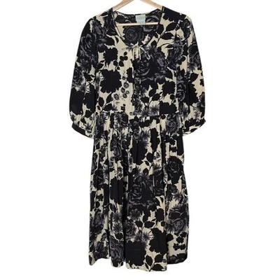 Tracy Reese 100% Silk Black White Floral Pleated Dress Size 10 Whimsigoth Pocket - Image 1 of 4
