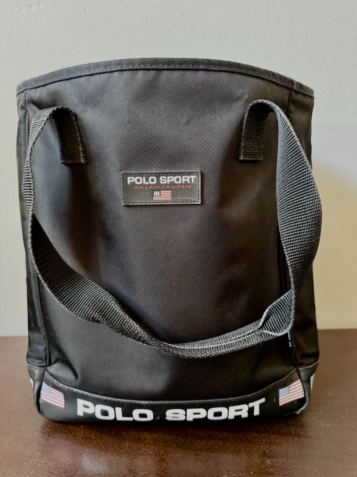 复古 Polo Sport Ralph Lauren 美国国旗黑色尼龙托特包钱包 1990 年代 Y2K — 第 1/4 张图片