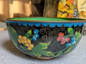 Vintage chinesische handbemalte Cloisonné Blumen Emaille Schale schwarz und grün wie abgebildet - Bild 1 von 11