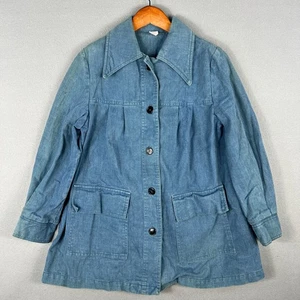 Vintage 70s Great Six Denim Swing Coat M Wide Collar Boho Hippie Drench Jacket USA - Bild 1 von 15