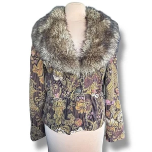 Chaqueta Floral Pana Bordada De Colección Piel Sintética Marrón Boho Recortada Penny Lane - Imagen 1 de 13
