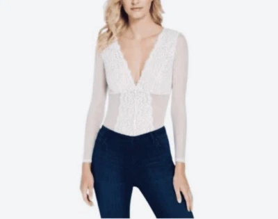 Body INC International Concepts Not So Basic Manga Larga Encaje Malla, Blanco XXL Foto 1 de 3