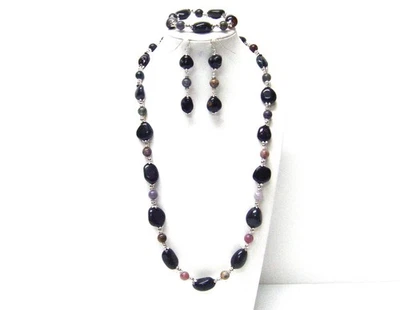 Pepita de piedras preciosas irregulares negras naturales de forma libre con cuentas de piedra de jaspe múltiple N/B/E Foto 1 de 4