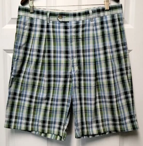 New Mens Cutter & Buck Golf Shorts Size 35 Blue Green Plaid 34/36 Pleated Cotton - Picture 1 of 4