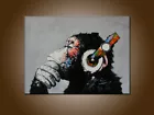 Home Decor Art Canvas Print Thinking Monkey With Headphone Abstract Oil Painting