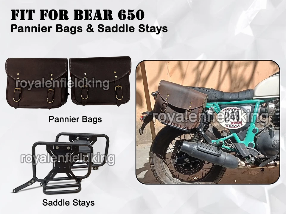 For Royal Enfield Bear 650 Rusty Brown Leather Pannier Bags & Saddle Stays - Image 1 of 4