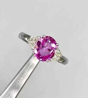 Anillo de boda de plata de ley 925 con diamantes ovalados de 3,55 quilates de zafiro rosa natural 7 8 9 Foto 1 de 4