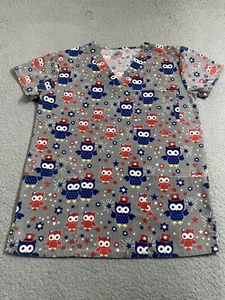 I * Scrubs Top Womens XS Gray Blue Red Multi Owls  Medical Nurse Dental Vet Tech - Picture 1 of 13