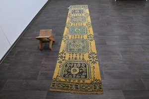 Vintage Türkischer Läufer Teppich 2x11ft Wolle Anatolisch Handarbeit Flur Oushak GELB - Bild 1 von 9
