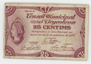 Spain España Civil War Argentona 25 Centims VF+ Circulated Banknote * - Picture 1 of 2