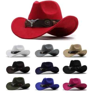 Western Cowboy Hat 3 Sizes Black Woolen Jazz Top Hat Men Ethnic Style Cow - Picture 1 of 35