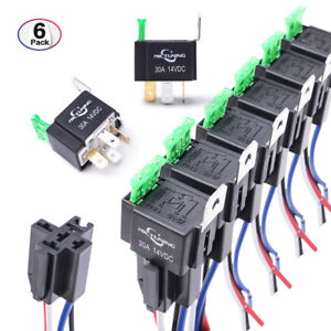 6X 12V SPST 5PIN Automotive Relay Switch Harness Kit + 30A Fuse 14AWG Hot Wires