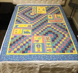 Handmade Cotton Patchwork and Summer Scenes Quilt 65" x 53" - Summer Weight - Picture 1 of 19