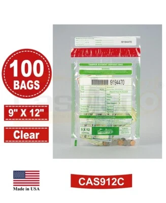 CASHIER DEPOT Tamper Evident Bank Deposit Bags, 9" x 12" Clear, Serialized w/Barcode, 100 Bags