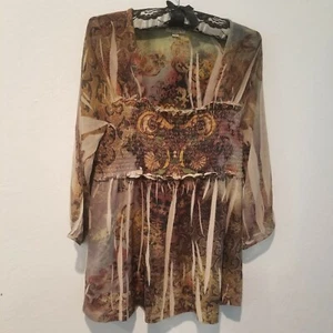 One World Women's Medium Multicolor Square Neck Smocked Tunic Top Paisley - Picture 1 of 9