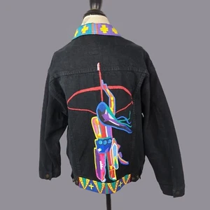 Vintage Art Paint Jean Jacket Large Black Native American - Picture 1 of 9