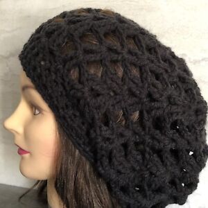 Handmade Crochet Beret Slouchy Beanie Hat Lacy Tam 100% Acrylic BLACK