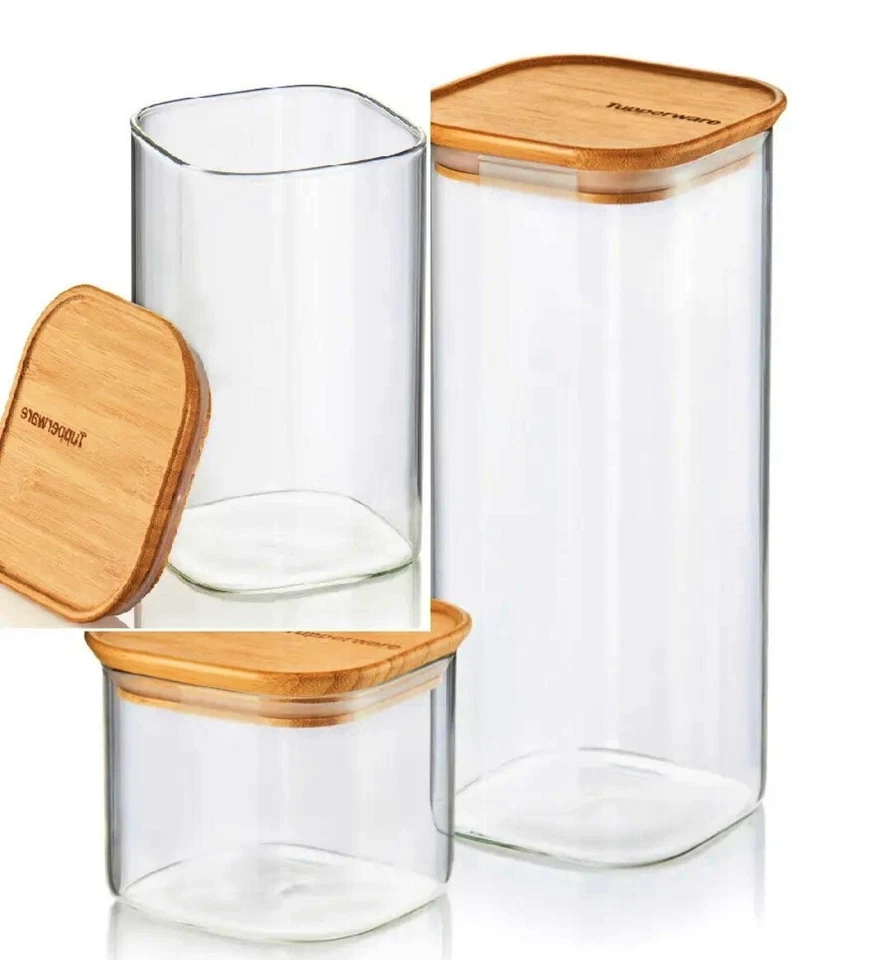 Tupperware 3 Contenitori In Vetro Borosilicato E Bambù  Elegante, Trasparente - Immagine 1 di 1