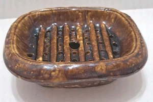 Antique 1800s Rokingham Pottery Yellowware Brown Glaze Soap Dish 5.75"  - Picture 1 of 8