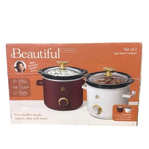 Brand New Beautiful By Drew Set Of 2 2qt Slow Cookers Merlot & White Icing - Picture 1 of 3