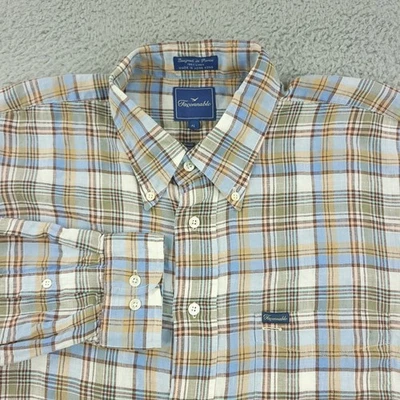 Camisa Faconnable Para Hombres XL Azul Tostado Verde A Cuadros Botones Lino Hecha en Francia HK Foto 1 de 4