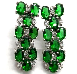 Studs Earrings green Emerald simulated 18K WHITE GOLD FILLED GP Line tennis drop - Picture 1 of 3