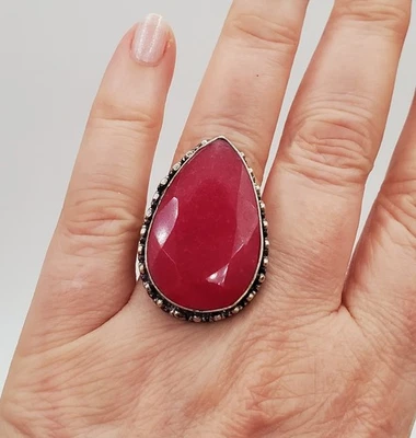 Anillo de cuarzo rojo de colección talla 10 plata de ley 13 g grande facetado lágrima Estate Foto 1 de 4
