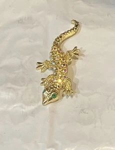 Gecko Lizard Chameleon Green Eye Rhinestone Gold Tone Enamel Pin Vintage - Picture 1 of 5