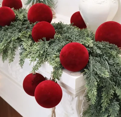 Red Velvet Christmas Baubles Ornaments Tree Balls x 6/12 Decorations UK STOCK
