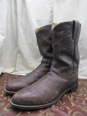 Botas Justin Para Hombre Talla 9.5 D Cuero Marrón Roper Pull On Punta Redonda Western Work Foto 1 de 4
