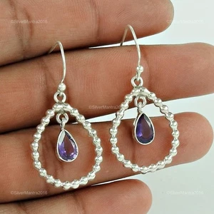 Pear Amethyst Stone 925 Silver Bezel Engagement Drop Handmade Wife Boho Earrings - Picture 1 of 5