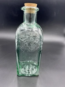 Green square Glass 9" Bottle W/ Cork Decanter Vintage Barware grape vine motif - Picture 1 of 6