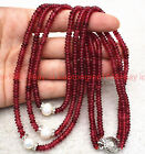 New 3 Rows 2x4mm Red Jade Gems Rondelle Beads 7-8mm White Pearl Necklace 17-19in