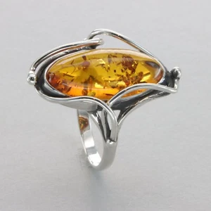 Oval Cognac / Brown BALTIC AMBER Ring - 925 STERLING SILVER - Poland #41e - Picture 1 of 8