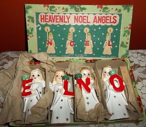 1961 Vtg in Box Noel Angel Figurines Candle Holders & 8 Candles Commodore Japan