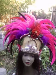 NEW 10/30/24 Handmade Feathered Tahitian Dance Head Piece. Hot Pink Full Feather - Picture 1 of 9